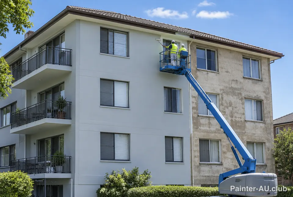 Commercial painters on a boom lift repainting a three storey apartment block